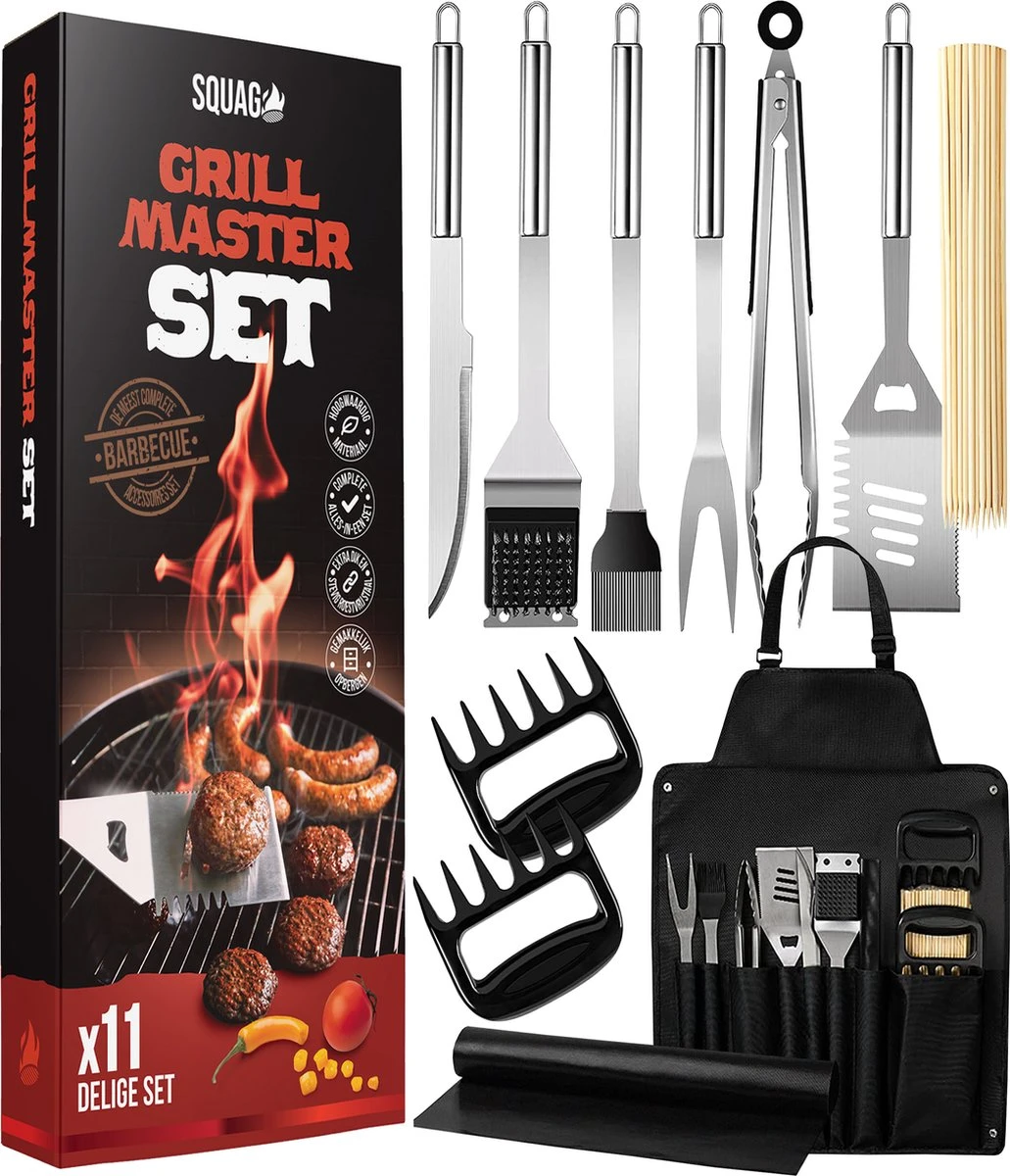 Squago BBQ accesoires XXL Set met Schort - Gereedschap - Gereedschapset Tang Borstel Mat Squago BBQ Accesoires XXL Set Met Schort - Gereedschap - Gereedschapset Tang Borstel Mat -Barbecue Series Winkel