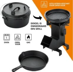 Dutch Mountains Gietijzeren Pannenset 7-delig - Dutch Oven – Braadpan - Grillpan - Hapjespan - Kookset In Houten Transportkist - Deksellifter - Brander -Barbecue Series Winkel 1200x1185