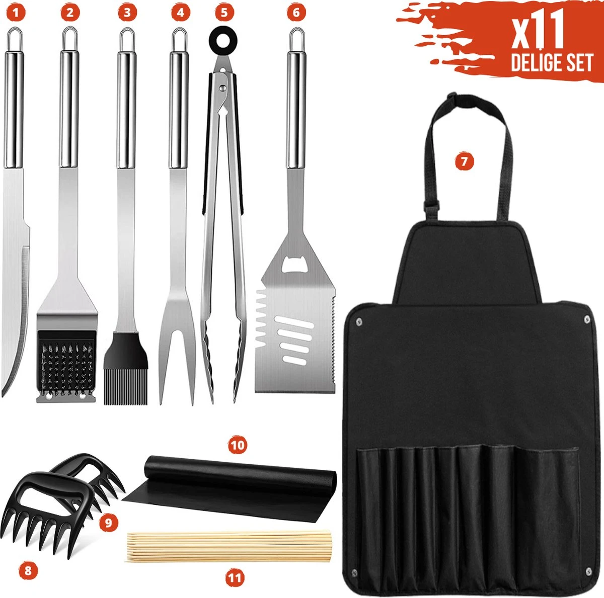 Squago BBQ accesoires XXL Set met Schort - Gereedschap - Gereedschapset Tang Borstel Mat Squago BBQ Accesoires XXL Set Met Schort - Gereedschap - Gereedschapset Tang Borstel Mat -Barbecue Series Winkel